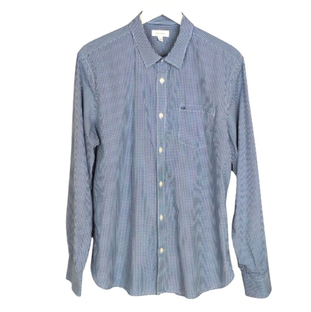 Calvin Klein Checkered Dress Shirt Button up Blue and White Woven size Large